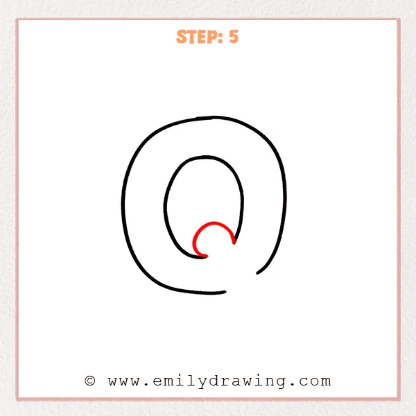 how to draw a bubble letter q - Step 5 of a bubble letter q drawing, adding a small curved inner hook near the bottom of the inner opening to start the q tail detail.